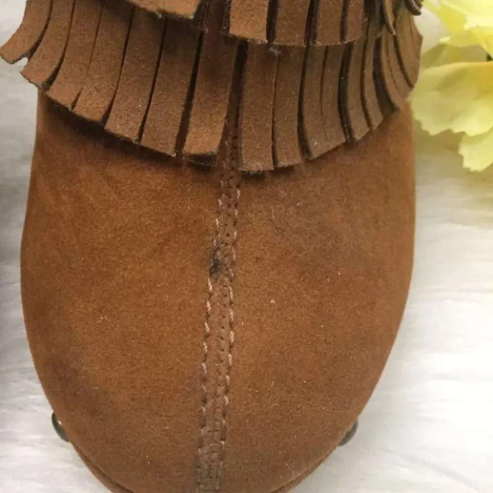 ROUTE 66 Casual Fringe Slip On Mules Brown Boho - Picture 2 of 13